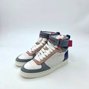 Louis Vuitton Womens High-Top Sneakers White/Blue Suede & Leather Logo Strap Siz